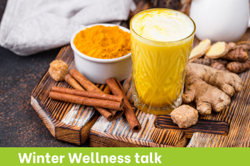 Turmeric shot, cinnamon sticks, turmeric powder and ginger root.